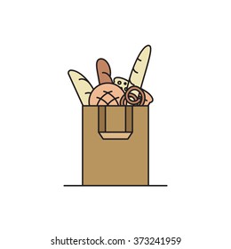 Fresh bread, baguette, bread loaf and pretzel in craft paper package. Food shopping and bread bakery illustration made in flat style.