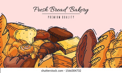 Fresh bread bakery banner vector illustration. Baking loaf and bagels, breadcrumbs and ciabatta. Whole grain loaves, baguette, ans croissant for breakfast in bakery.