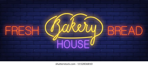 Fresh Bread, Bakery House Neon Text. Bakery Shop And Pastry Concept. Advertisement Design. Night Bright Neon Sign, Colorful Billboard, Light Banner. Vector Illustration In Neon Style.