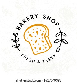 Fresh bread Bakery logotype badge label with hand drawn doodle. Elegant logo emblem, vintage retro style.