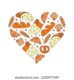Fresh Bread and Bakery Product Arranged in Heart Shape Vector Template
