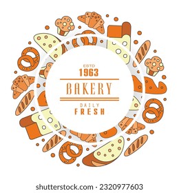 Fresh Bread and Bakery Product Arranged in Circle with Text Sample Vector Template