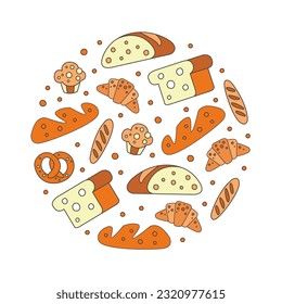 Fresh Bread and Bakery Product Arranged in Circle Vector Template