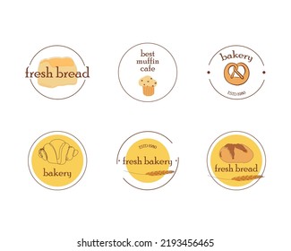 Fresh Bread Bakery Shop, Cafe Logo Vector Design. Bread, Croissant, Muffin, Cake French Pastry  Icons. Round Yellow, Brown Icons.