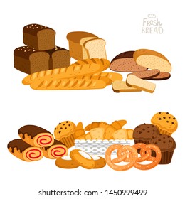 Fresh bread, bakery vector illustration. Bread, pastry, buns isolated on white background