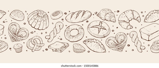 Fresh bread banner. Panoramic composition with hand drawn bread. Vector illustration banner design for bakery shops etc. Rye brick and loaf, croissant and bagel, pretzel and muffin.