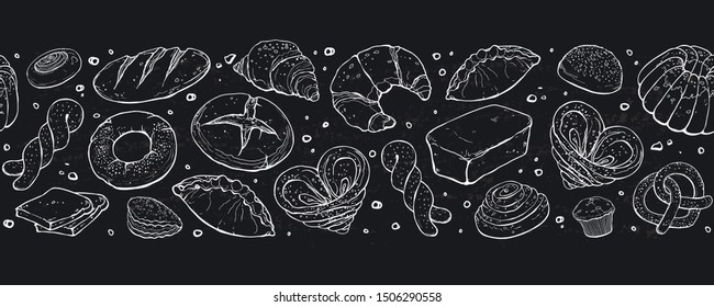 Fresh bread banner. Panoramic composition with hand drawn bread. Vector illustration banner design for bakery shops etc. Rye brick and loaf, croissant and bagel, pretzel and muffin.