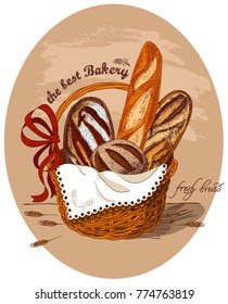 Fresh bread in the basket.The basket is decorated with a red bow and white lace napkin. Ears of wheat. Handmade sketch.