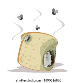 Fresh bread becomes rotten and bad vector isolated. Slice of a bread with mold on it. Food garbage, snak for breakfast. Flies flying around the product.