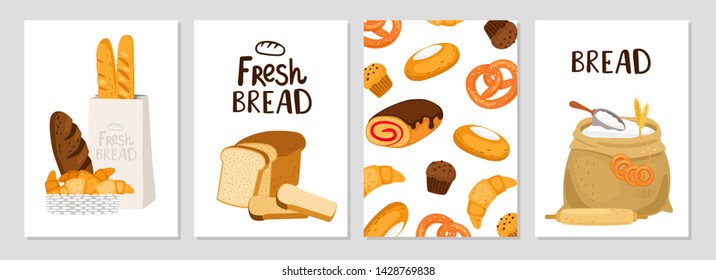 Fresh bread cards. Vector bread, buns, cakes banners template. Bakery design elements