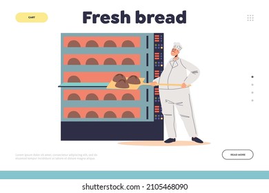 Fresh bread concept of landing page with male baker putting raw dough to industrial oven. Man working on bread and baking pastries production. Bakery industry. Cartoon flat vector illustration