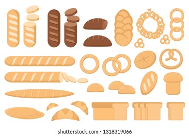 Fresh bread. A lot of different bread and buns. Bakery products. Slices of bread. Flat modern design. 
