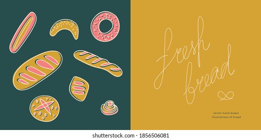 Fresh bread drawings in vector hand-drawn style for Bakery symbol and restaurant banner. Bakehouse icons for emblem cooking class. Doodle illustrations for breadsticks label and packaging design.