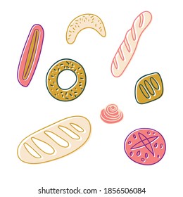 Fresh bread drawings in vector hand-drawn style for Bakery symbol and restaurant banner. Bakehouse icons for emblem cooking class. Doodle illustrations for breadsticks label and packaging design.