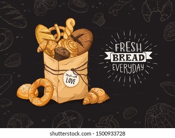 Fresh bread everyday banner. Horizontal composition with hand drawn bread in paper bag. Vector illustration banner design for bakery shops etc.