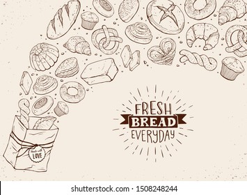 Fresh bread everyday banner. Horizontal composition of hand drawn bread flying out of paper bag. Vector illustration banner design for bakery shops etc.
