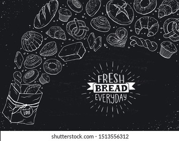 Fresh bread everyday banner. Horizontal composition of hand drawn bread flying out of paper bag. Vector illustration banner design for bakery shops etc.