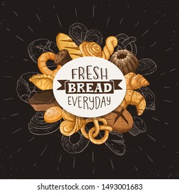 Fresh bread everyday poster. Hand drawn bread circle composition. Vector illustration banner design for bakery shops etc.