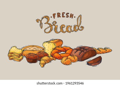 Fresh bread hand drawing sketch style, soft delicious baked pastry, bakery product cartoon vector illustration, isolated on gray.