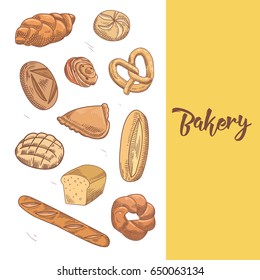Fresh Bread. Hand Drawn Bakery Design with Loaf and Buns. Vector illustration