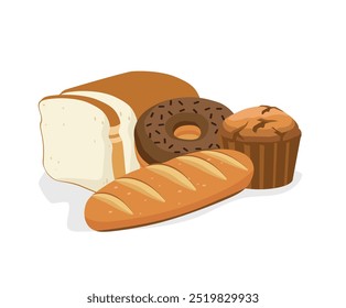 Fresh bread isolated on white stock illustration. Fresh bread, bakery vector illustration. Bread, pastry, buns isolated on white background