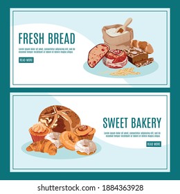 Fresh bread landing page. Bakery production website. Delicious freshly baked products and desserts, bread, whole grain baguette, croissant and donuts flat vector illustration