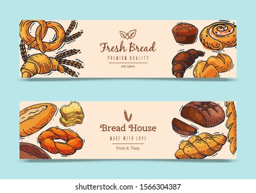 Fresh bread loaf banners vector illustration. Baking loaves, bagels and ciabatta. Fresh whole grain pastry baguette, croissant and breadcrumb for breakfast in bakery.