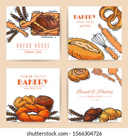 Fresh bread loaf banners vector illustration. Baking loaves, bagels and ciabatta. Whole grain pastry baguette, croissant and breadcrumb for breakfast in bakery.