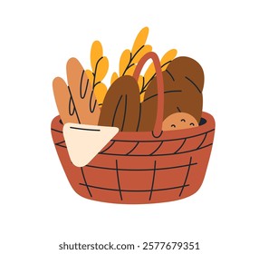 Fresh bread loaf in basket. Baked baguettes, buns, rolls in wicker. Healthy whole grain and sourdough bakery products. Natural bakers goods. Flat vector illustration isolated on white background