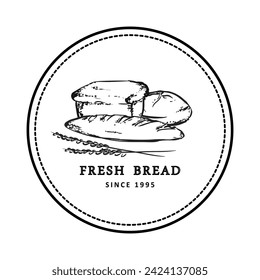 Fresh bread, loaf in hand drawn style. Logo for a bakery, cafe in retro style. Simple bread illustration.