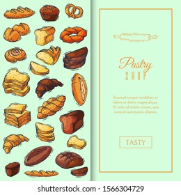 Fresh bread loaf pattern vector illustration. Baking loaves, bagels and ciabatta. Fresh whole grain pastry baguette, croissant and breadcrumb for breakfast in bakery.