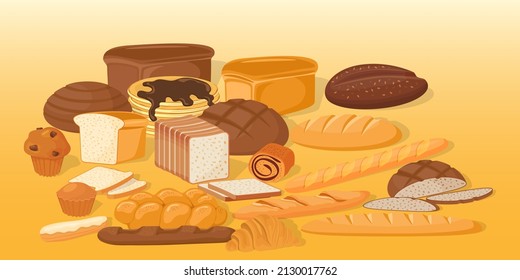 Fresh bread on a beige background.Confectionery products.Croissant and French baguette, loaf of bread and pancake.Sandwich bread and rye loaves.A set of vector illustrations made of flour.