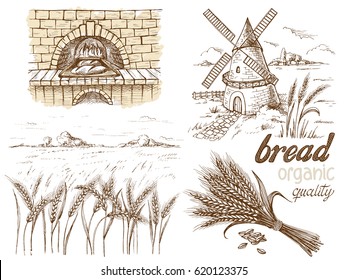 fresh bread and a oven windmill ears in graphic style