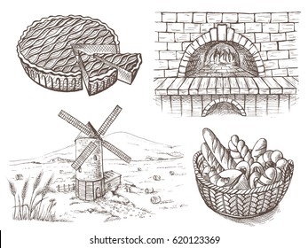 fresh bread and a oven windmill in graphic style