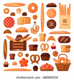 Fresh bread and pastries in flat style. Various assortment of bakery. Isolated icons set. Illustration of bun, croissant, pie, cake, loaf and french baguette.