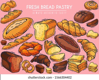 Fresh bread pastry banner vector illustration. Baking loaves, bagels and ciabatta. Fresh whole grain baguette, croissant and breadcrumb for breakfast in bakery.