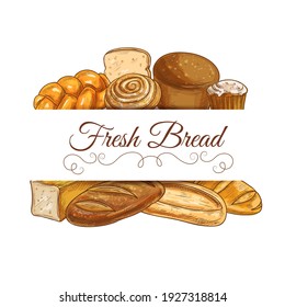 Fresh bread and pastry vector sketch frame. Bakery shop buns, wheat and rye bread loaves, baguette and sweet cupcake and toast loaf. Baked production engraved ad banner or signboard for bake store