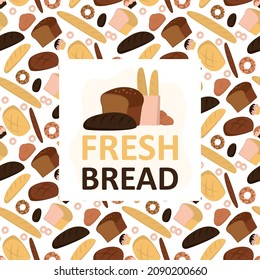 Fresh bread promotion banner. Different types of bread. Ciabatta, French baguette, buns and long loaf. Seamless pattern with bakery products on background. Design for print and web. Flat Vector