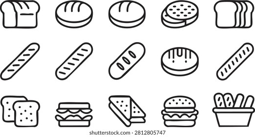 Fresh Bread, Sandwich and Burger Outline Icons Collection
