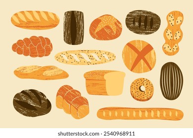 Fresh bread set. Cartoon bakery products, sliced loaf baguette ciabatta sourdough rye bagel bun, healthy organic pastry food. Vector flat collection.