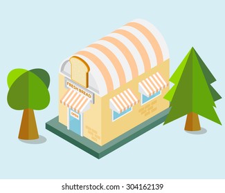 Fresh Bread Shop Isometric Building Vector Illustration