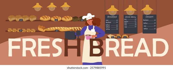 Fresh bread text. Flyer, invitation, sticker, banner. Woman seller behind cash register, bakery, cafeteria, interior.Vector  hand drawn illustration.