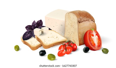 Fresh bread with tomatoes and cheese decorated with Basil and olives.