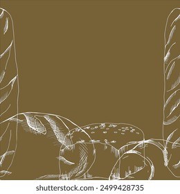 Fresh bread vector graphics frame. Ink silhouette, food illustration for baguette packing, outdoor table, label , bakery logo design. Gluten food outline , different bread types