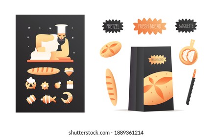 fresh bread vector illustration, set of illustrations of a Baker kneading dough, bread, loaf, pretzel, cupcake, cookies in the form of a fish and a heart, French baguette, knife