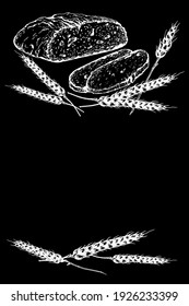Frisches Brot mit Weizenähren. Stockvektorweiße Illustration. Einzeln auf schwarzem Hintergrund, handgezeichnet.Skizze. Chalk-Pappe-Hintergrund für Bäckerei, Brotverkauf. Chalk-Imitation.Chalkboard.