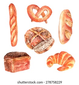 Fresh breads bakery advertisement watercolor pictograms collection of baguette and white loaf sketch abstract isolated vector illustration