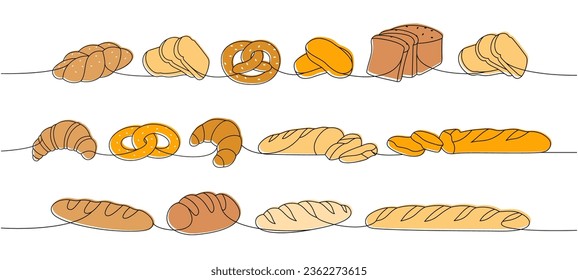 Fresh breads one line colored continuous drawing. Wheat bread, pretzel, ciabatta, croissant, bagel, french baguette continuous one line illustration.