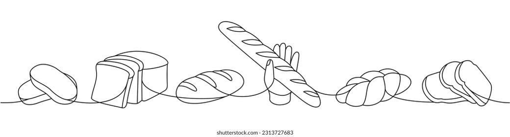 Fresh breads one line continuous drawing. Wheat bread, braided bread, ciabatta, french baguette continuous one line illustration.