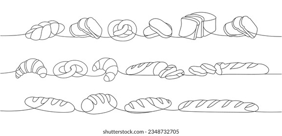 Fresh breads one line continuous drawing. Wheat bread, pretzel, ciabatta, croissant, bagel, french baguette continuous one line illustration.